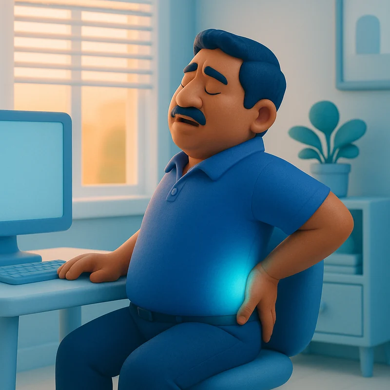 Hombre con la espalda baja cargada tras la jornada de trabajo frente a la computadora