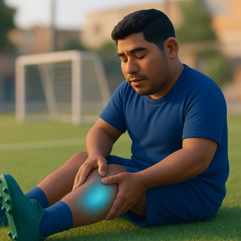 Hombre estirando el muslo con dolor muscular después de jugar fútbol