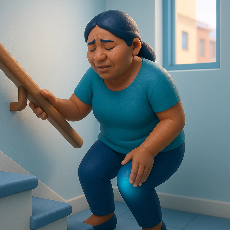 Mujer con dolor de rodilla al subir escaleras en su casa en Perú